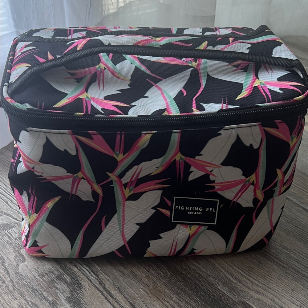 Fighting Eel Black Cooler Bag with Pink and Green Tropical Print